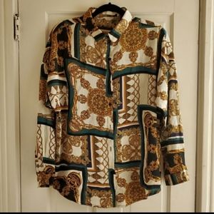 Gold green black cream milk scarf print satin printed blouse shirt